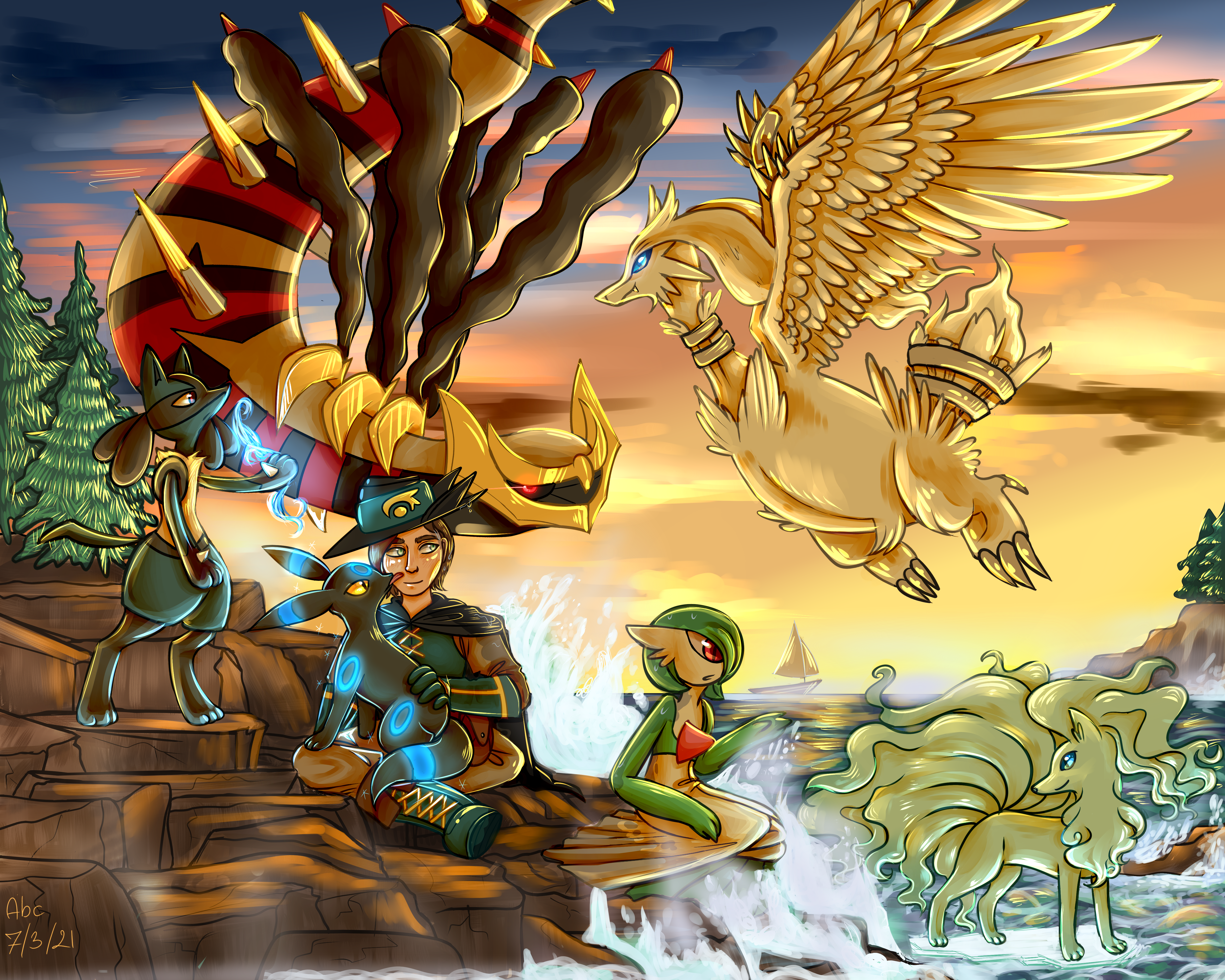 Commission of a Pokemon team. They are all on a rocky coast with pine trees in the background and a golden sunset. Water mist sprays all of them. The trainer is a young man with brown hair and grey eyes, dressed as an Aura Guardian. He is seated legs criss-crossed with a shiny Umbreon in his lap. Lucario peers up at the Origin-Forme Giratina and Reshiram flying in the sky. Alolan-Ninetales plays in the water while Gardevoir looks concerned from the coast.